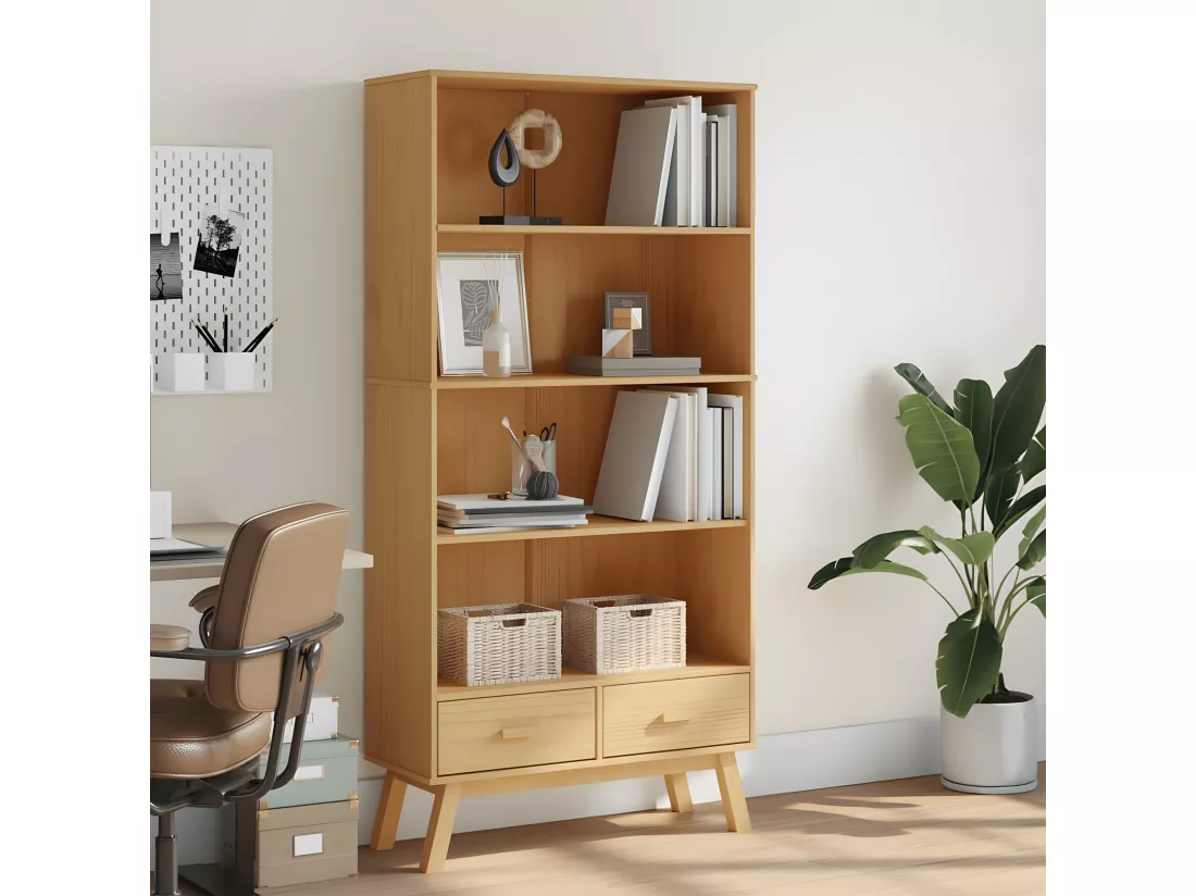 Bibliothèque à 4 niveaux OLDEN marron bois de pin massif
