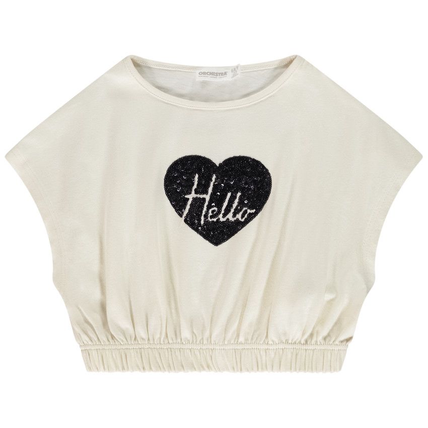 T-shirt manches courtes forme boîte à sequins fantaisie pour fille - Ecru