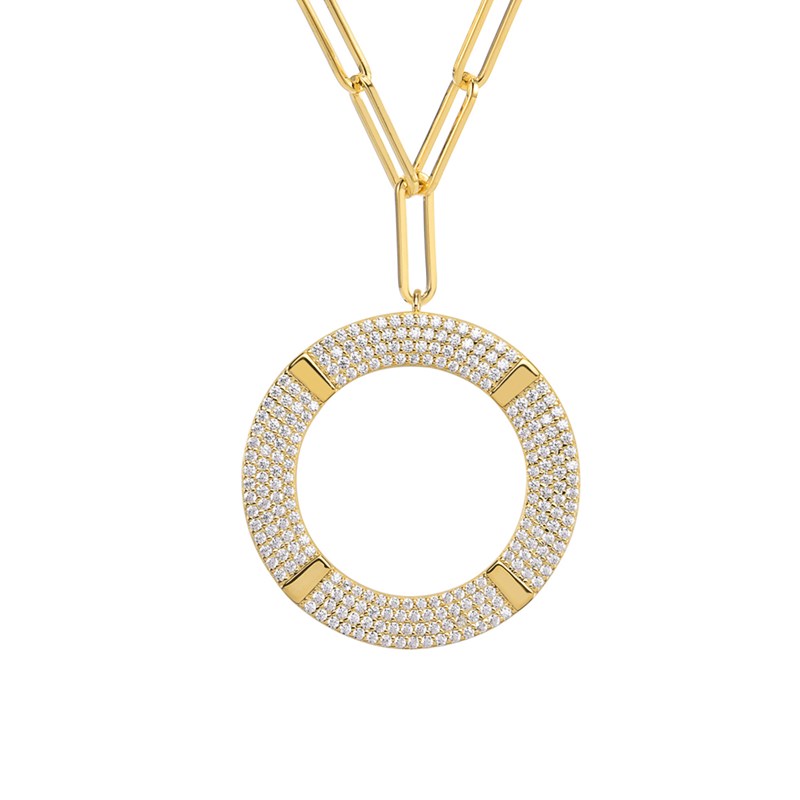 Collier Argent Doré Cercle Sertie De Zirconiums Blanc