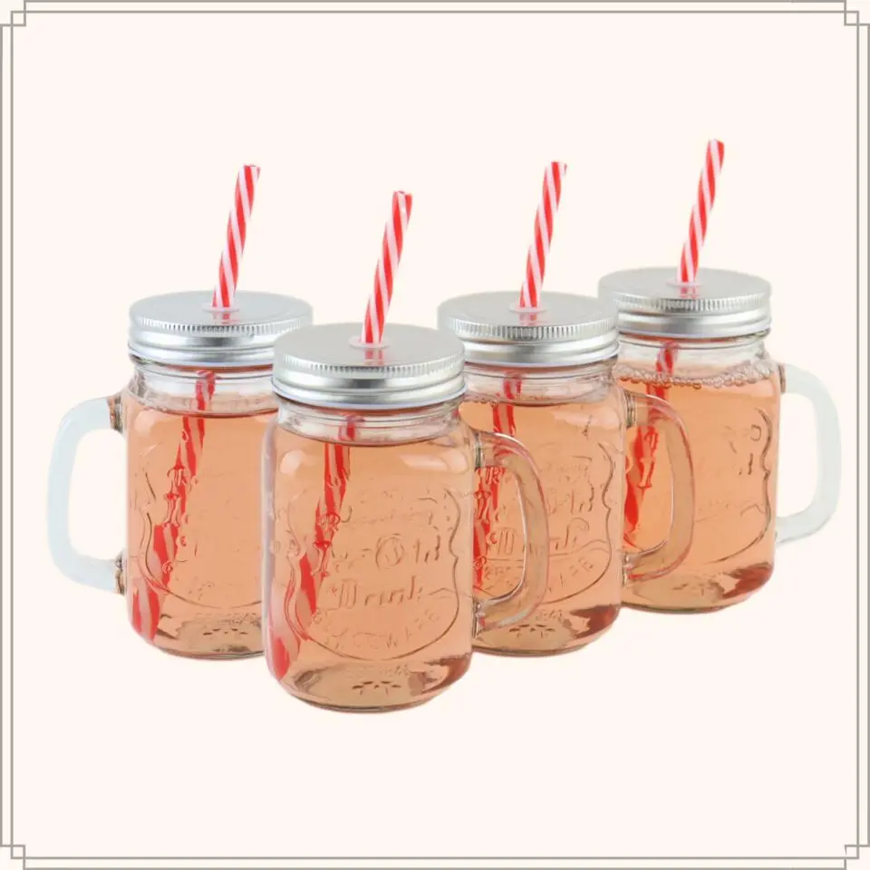 OTIX Mason jar Drinkbeker met Rietje Set van 4 Zilvere dop 450 ml