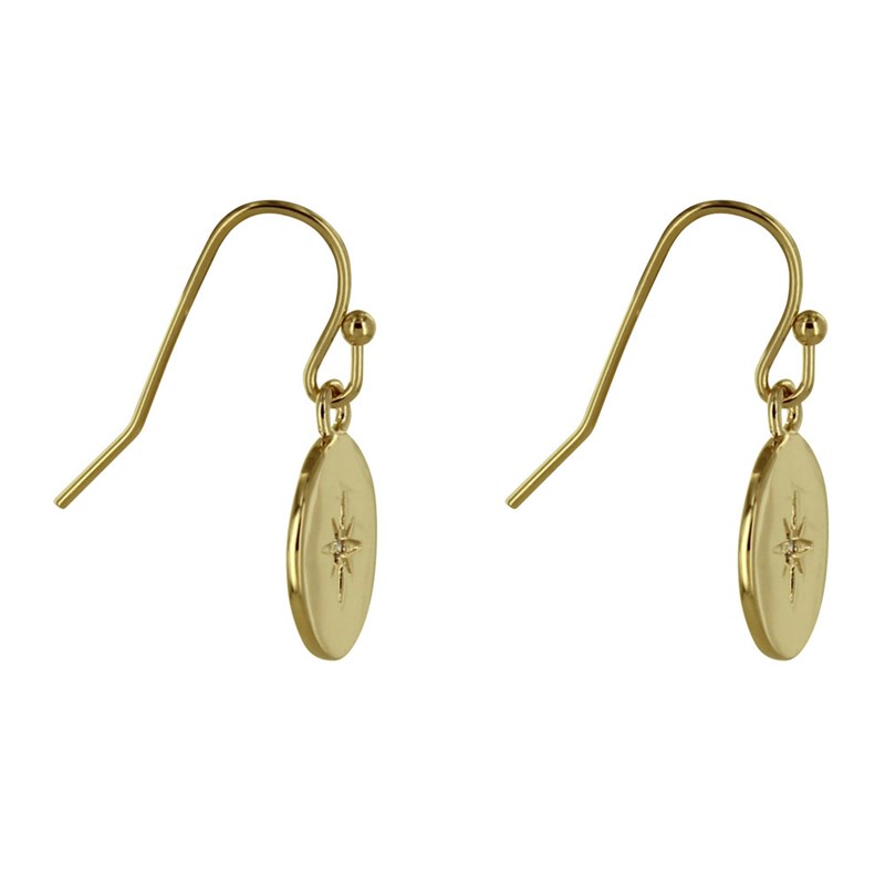 Boucles d'Oreilles Plaqué Or Médaille Ronde Etoile Polaire et Strass