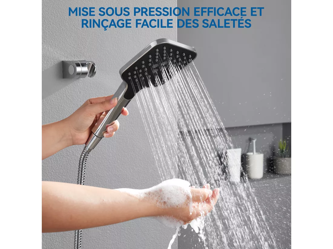AURALUM MAX Pommeau de Douche Haute Pression,Avec 3 Modes de Jet,Pulvérisateur Douche Anti-Calcaire Pommeau,Économie d'Eau,Chromé+Noir(Pas de Tuyau)