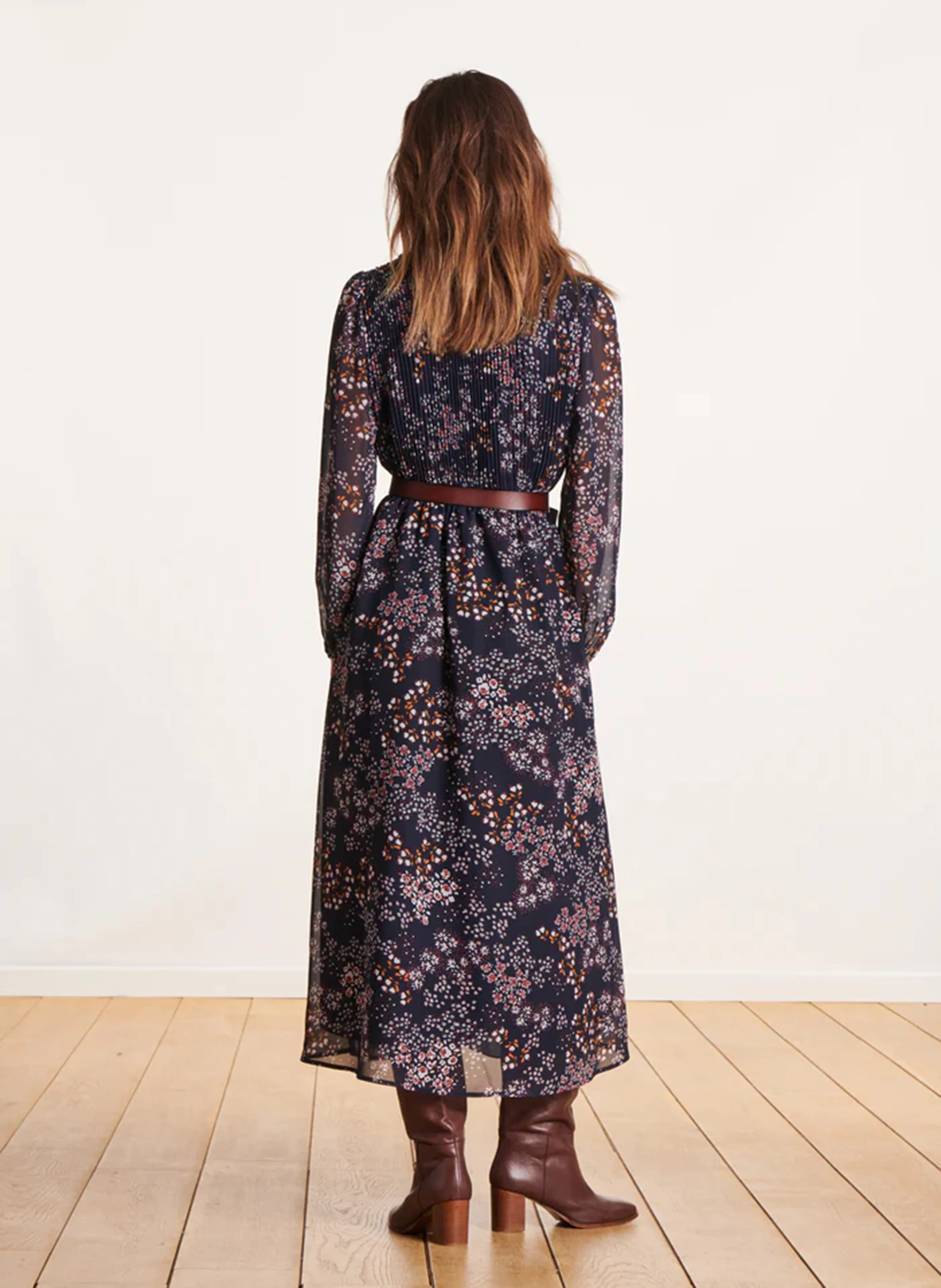 Robe longue plissée à fleurs | Bleu