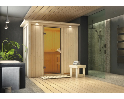 Karibu Mariado modulaire sauna zonder oven, met dakkroon en gebronsde volledig glazen deur