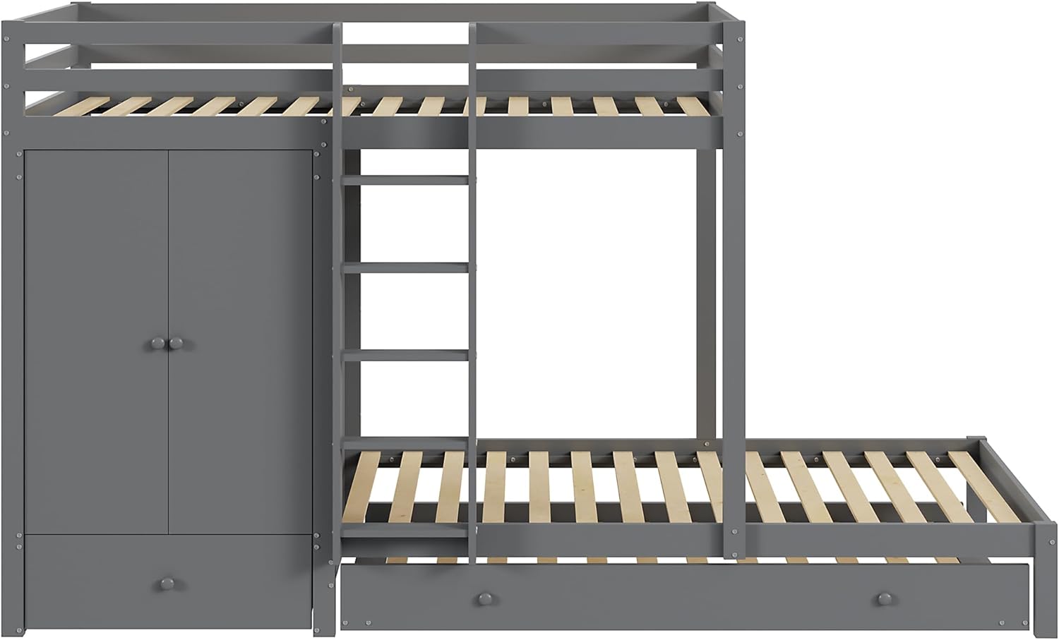 Etagenbett 90 x 200cm,Jungenbett aus Massivholz mit Ausziehbett 90x190cm, multifunktionales Kinderbett mit Kleiderschrank, Schubladen und Ablagefach (Grau)