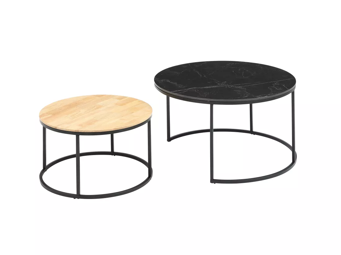 Tables basses gigognes en bois d'hévéa, céramique et acier - Effet marbre noir et naturel clair - JIEMBA