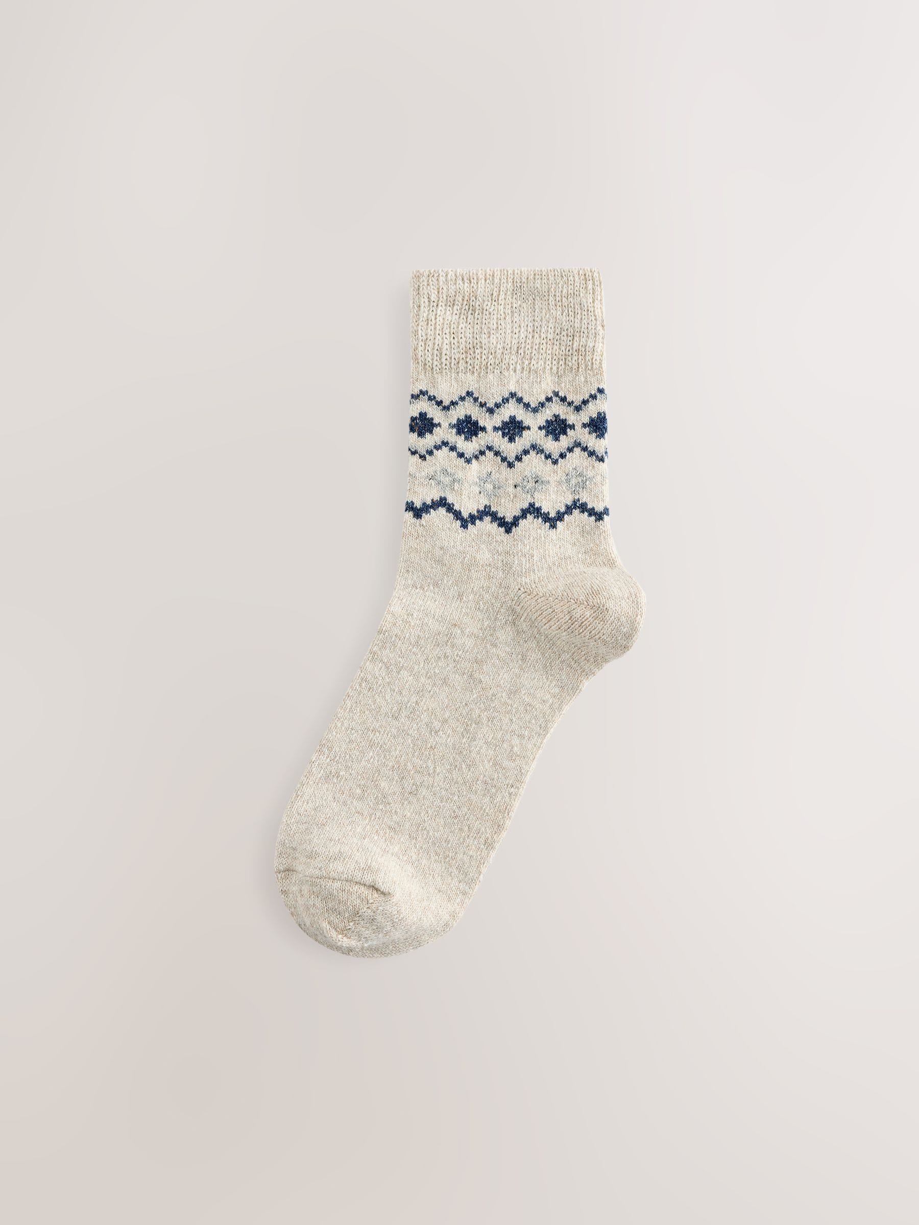 Blauw met fairislemotief - Thermische enkelsokken van wol-zijdemix verpakking van 3