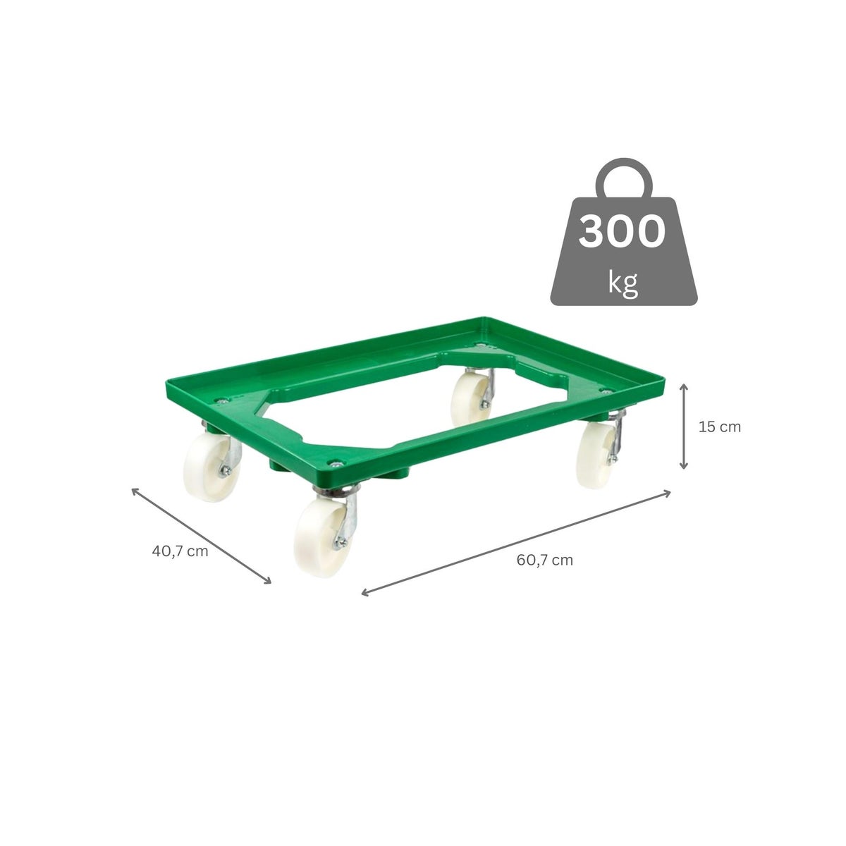 PROREGAL Transportwagen voor Euroboxen 60 x 40 cm met groene kunststof wielen, open dek, 2 zwenkwielen en 2 bokwielen, draagvermogen 300 kg