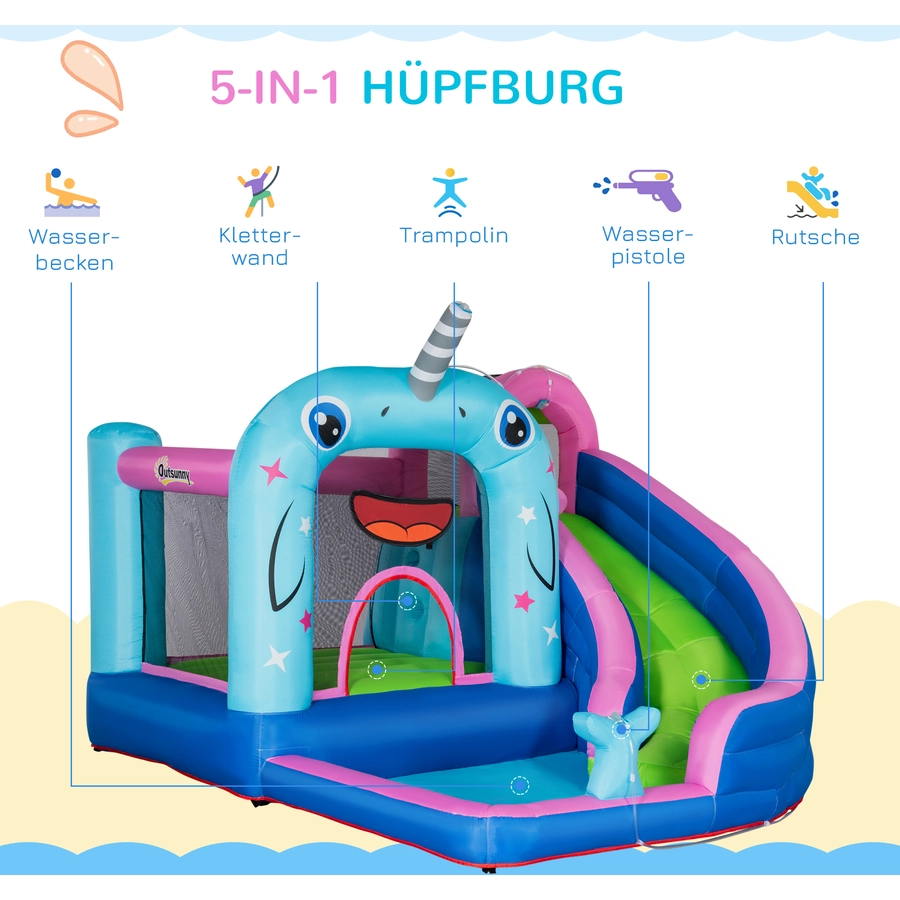 Outsunny Hüpfburg mit Wasserbecken, Kletterwand und Rutsche bunt