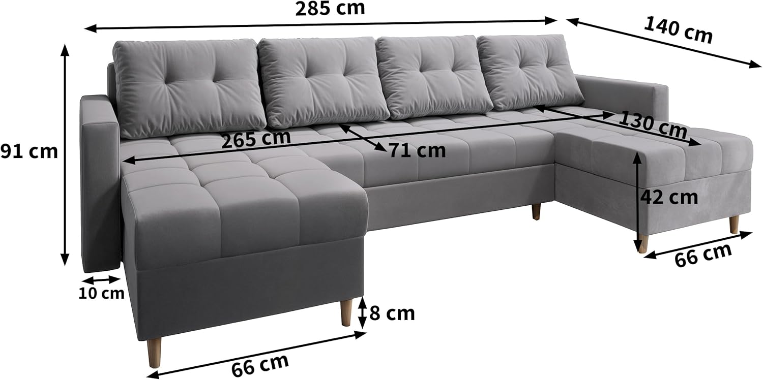 Masseno Ecksofa Milo U mit Schlaffunktion U-Form, Sofa mit Bettkasten, Wohnzimmersofa, Couch, Soffa, Bettsofa, Couchgarnitur- Schwarz, Kronos 07