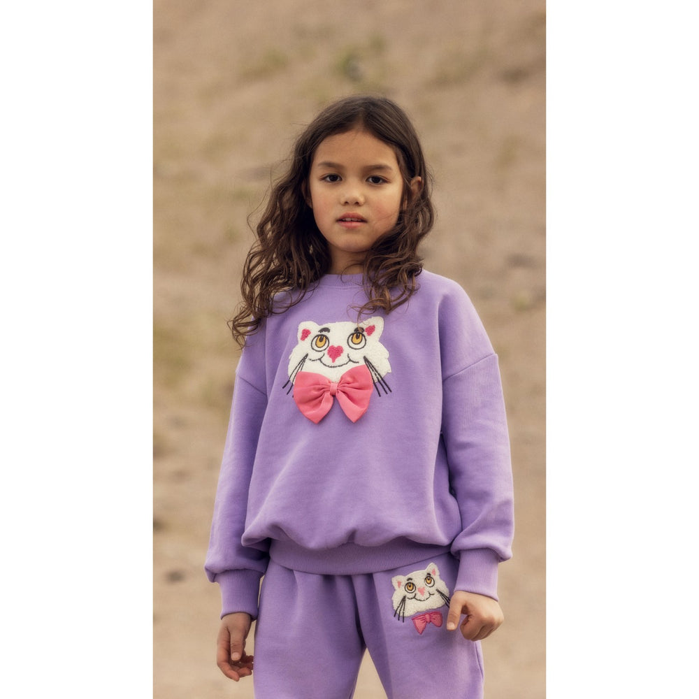 Køb Mini Rodini Purple Cat Med Bowtie Chenille Sweatshirt