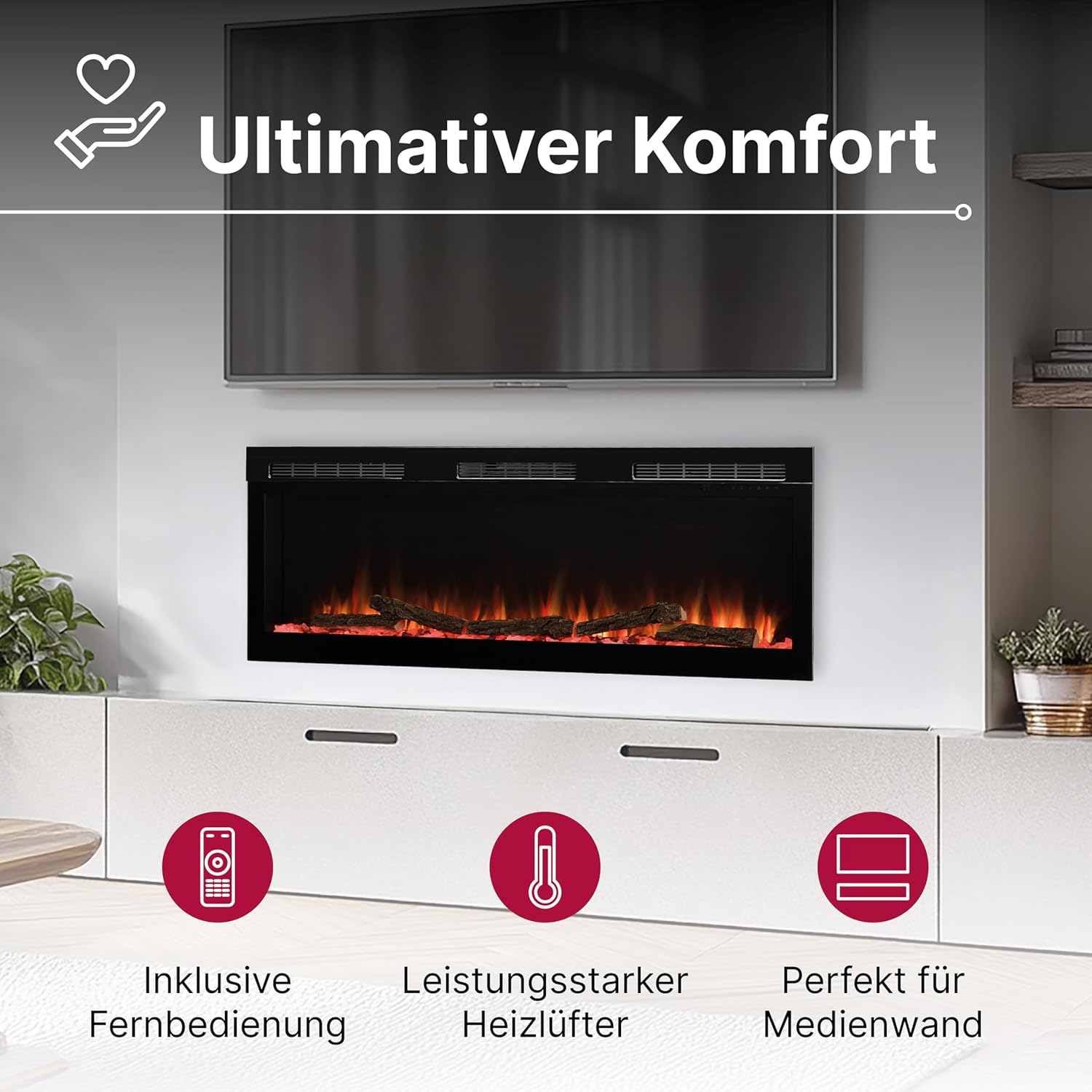 Dimplex Sense Optiflame Media - Wandfeuer, Wandmontage oder Einbau, integrierter elektrischer Kamin, mit 13 Farbthemen, 3 Heizeinstellungen, Fernbedienungen und WLAN, 60 Zoll / 153,3 cm