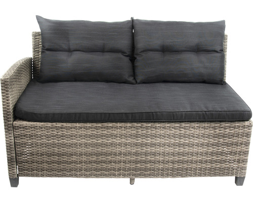 Tuinset voor 6 personen, bestaande uit: 2 banken, 1 hoekmodule, fauteuil, 2 krukken, tafel. Polyrotan, aluminium, grijs.