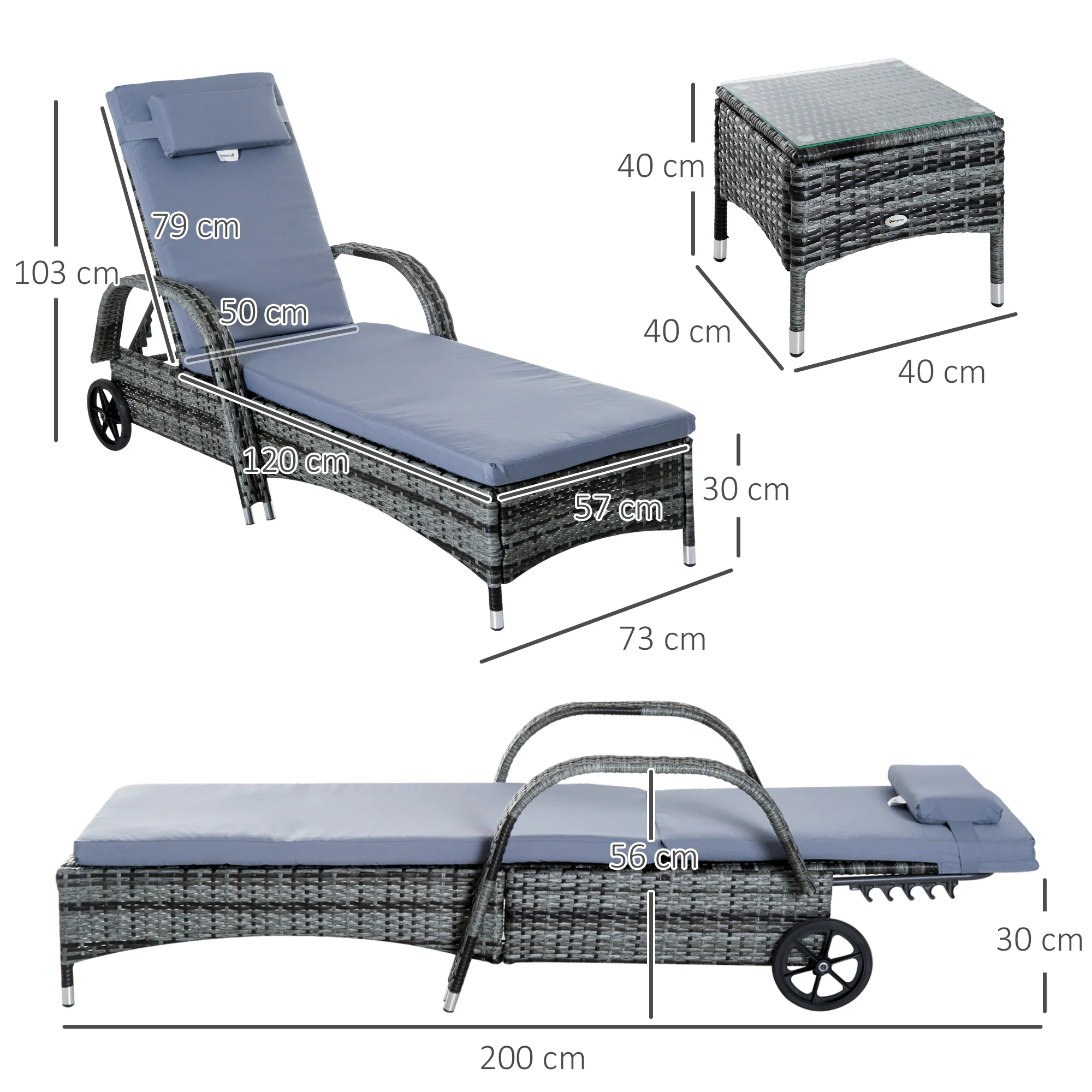 Outsunny Rattan-Gartenliege als 3-teiliges Set grau