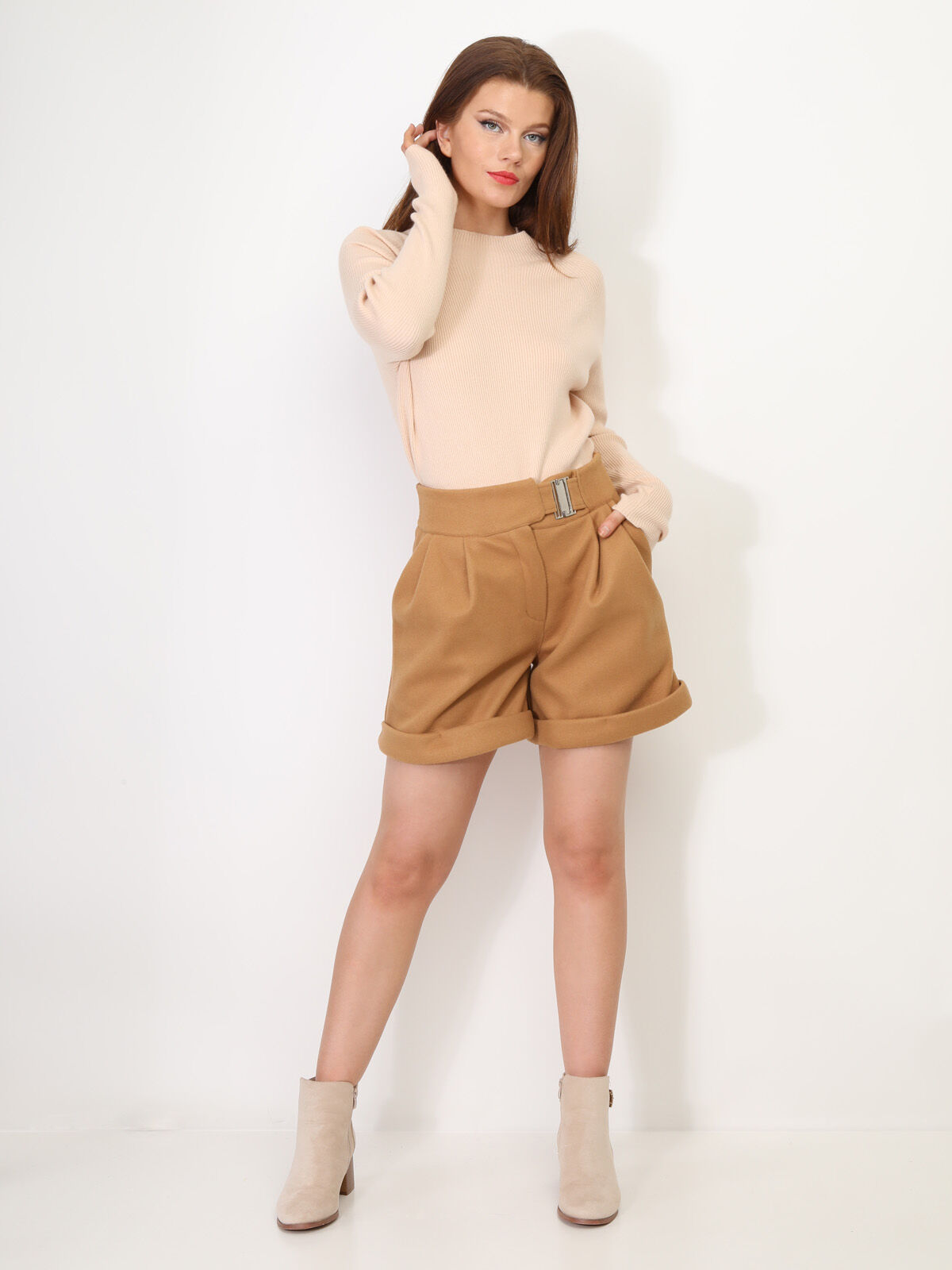 Short taille haute style paperbag- Camel
