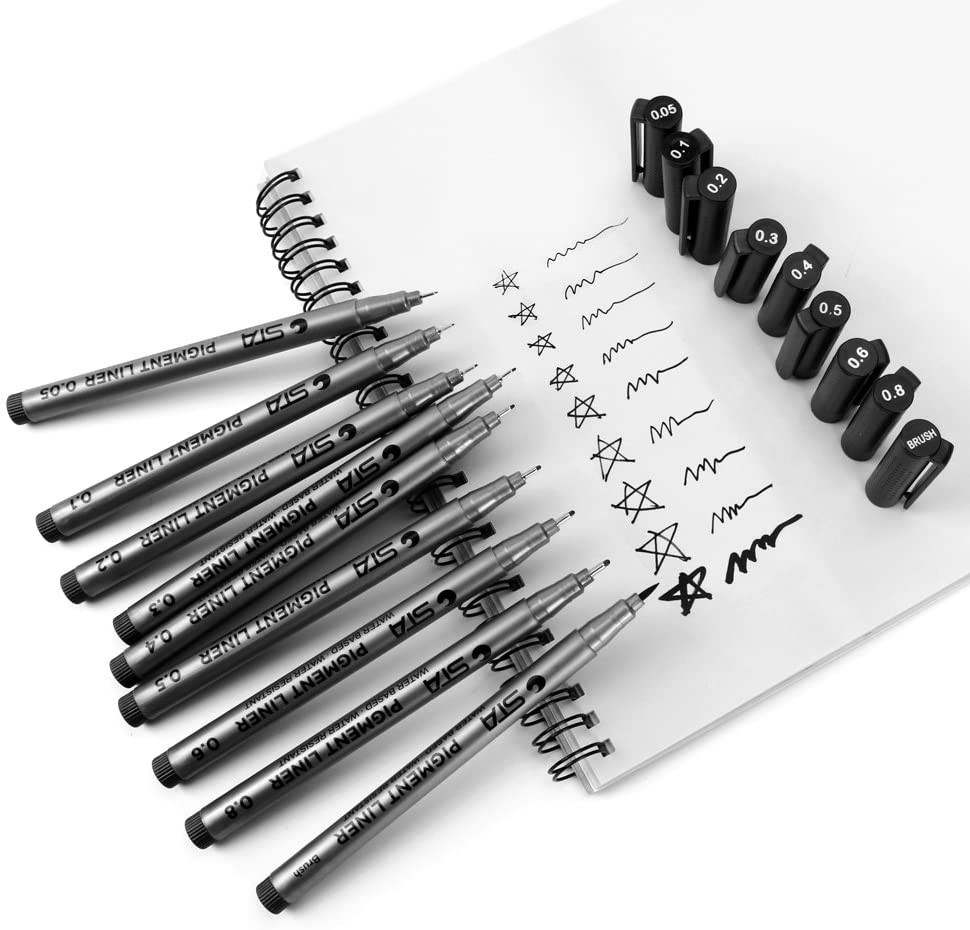 (9er Set) Wasserfeste Filzstifte Pigment Marker Skizzier Stifte Fineliner   Brush Pen - Schwarz