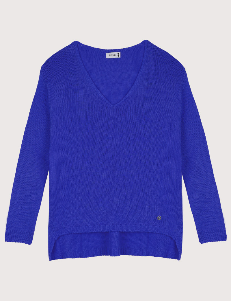 PLEASE PULL MAILLE FINE COL V BLEU ROYAL