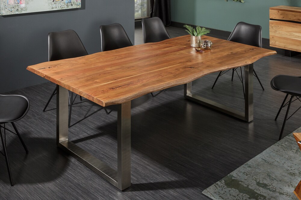 riess-ambiente Esstisch MAMMUT NATURE- 160cm Akazie Edelstahl Baumkante 3,5cm Tischplatte Massivholz