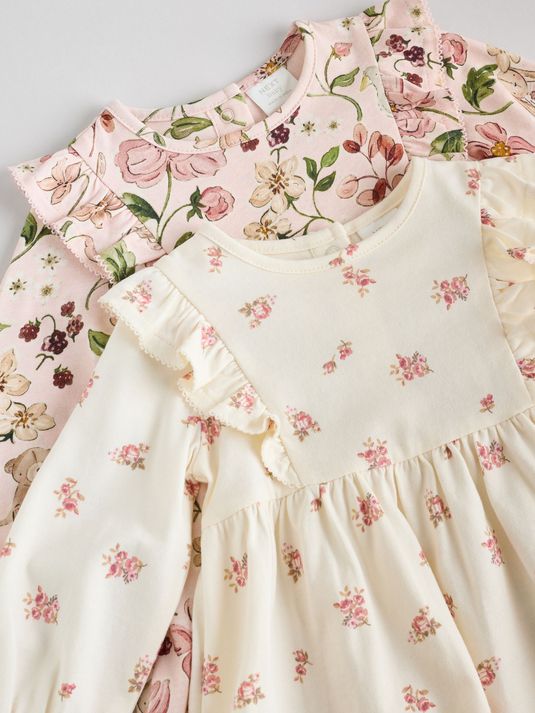Roze bloemen/Crèmekleurige fijne bloemenprint - Verpakking van 2 jersey babyjurkjes (0 mnd-2 jr)