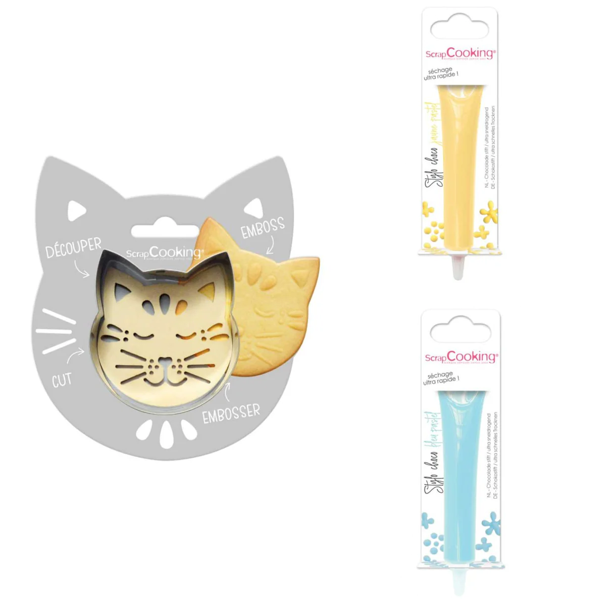 Kit pour biscuit en relief Chat + 2 Stylos au chocolat jaune pastel et