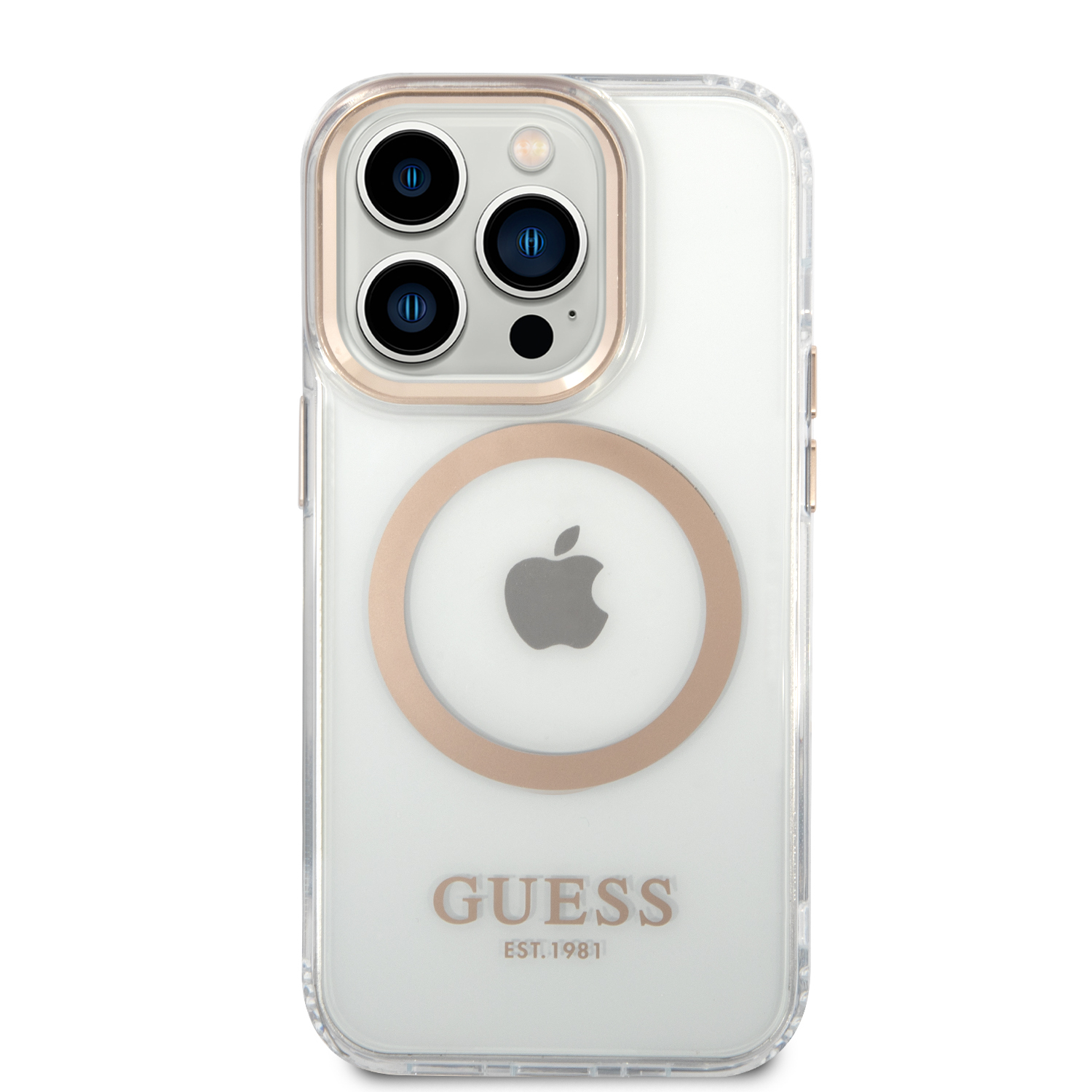 iPhone 14 Pro Max MagSafe Hardcase Hülle Metal Outline (GUHMP14XHTRMD) - Transparent / Gold