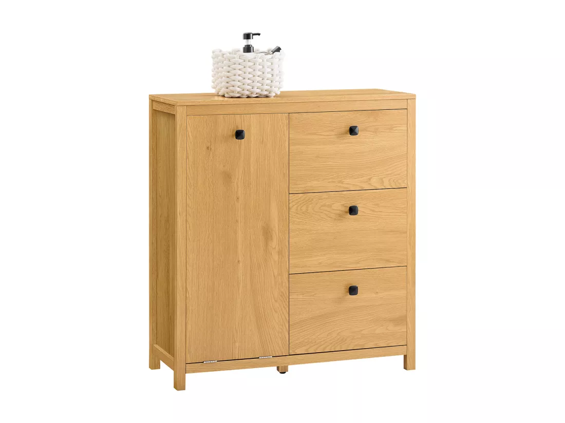 SoBuy Armoire à Linge avec Sac à Linge, Meuble Bas de Salle de Bain, Commode pour Salle de Bain, Armoire Toilette avec 3 Tiroirs et 1 Panier à Linge, Naturel Foncé, 80x35x90 cm, BZR97-SN