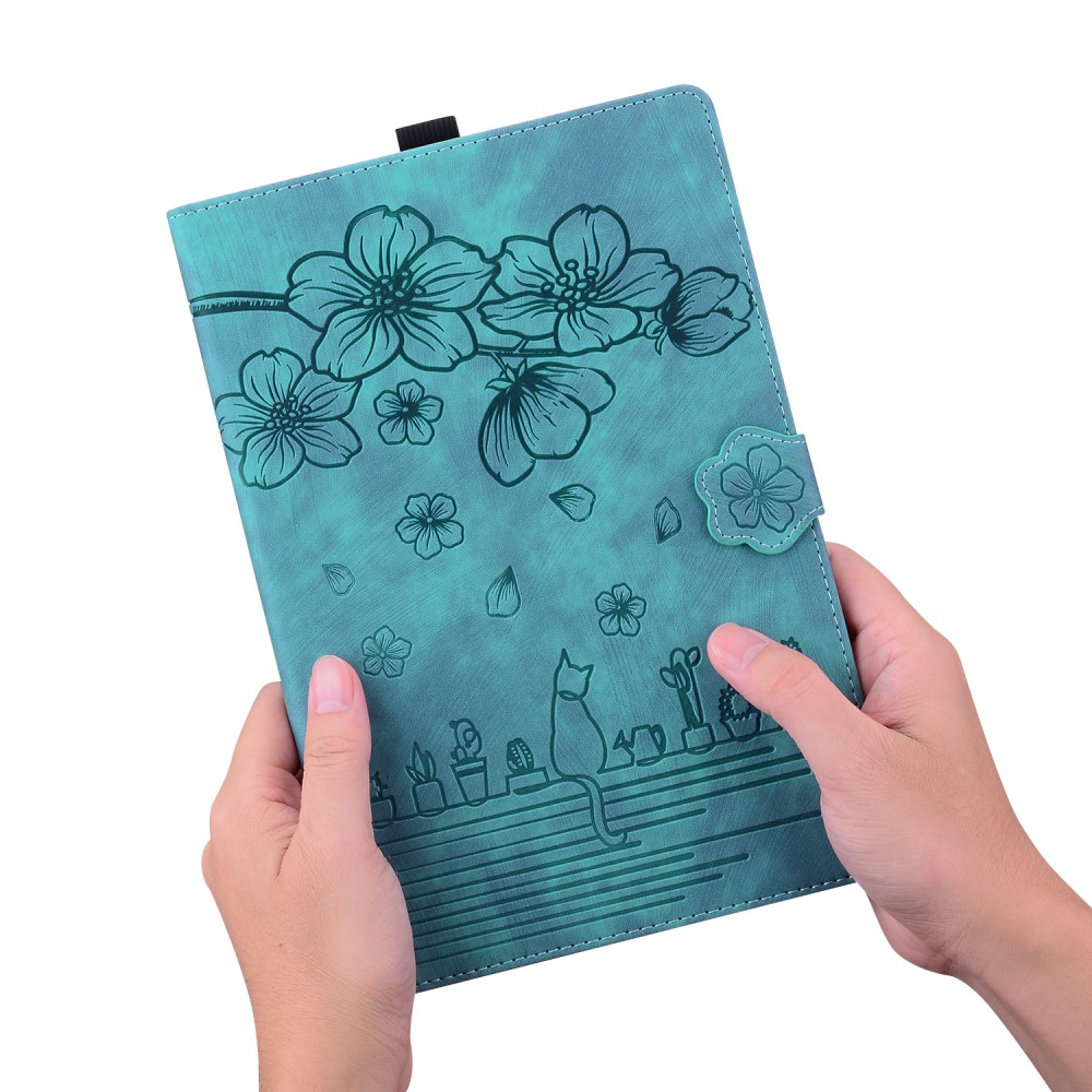 Samsung Galaxy Tab S10 FE  Plus Leder Tasche Flip Cover Blumen Imprint   S-Pen Halterung - Hellblau