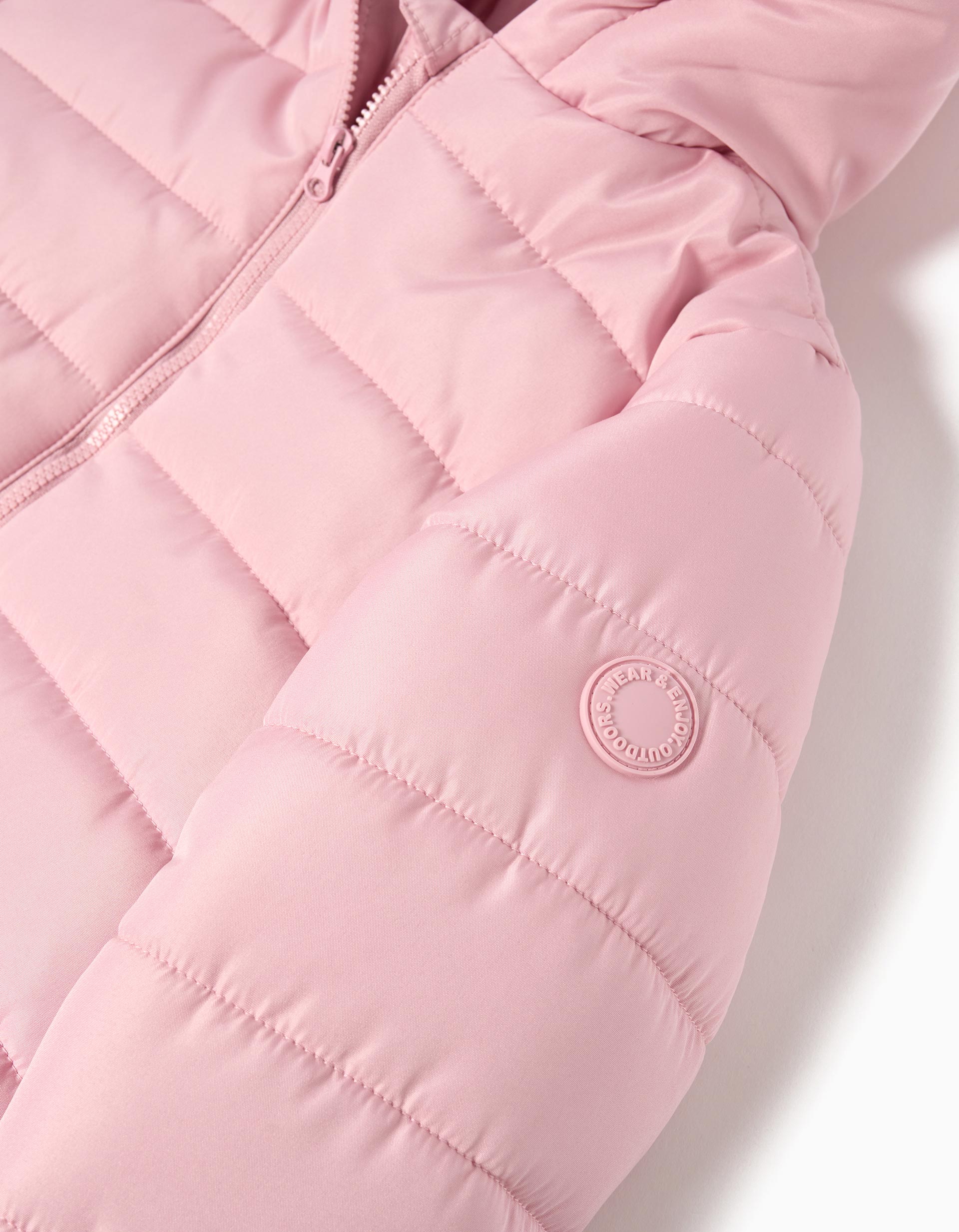 Casaco Acolchoado Capuz, Menina, Rosa Claro