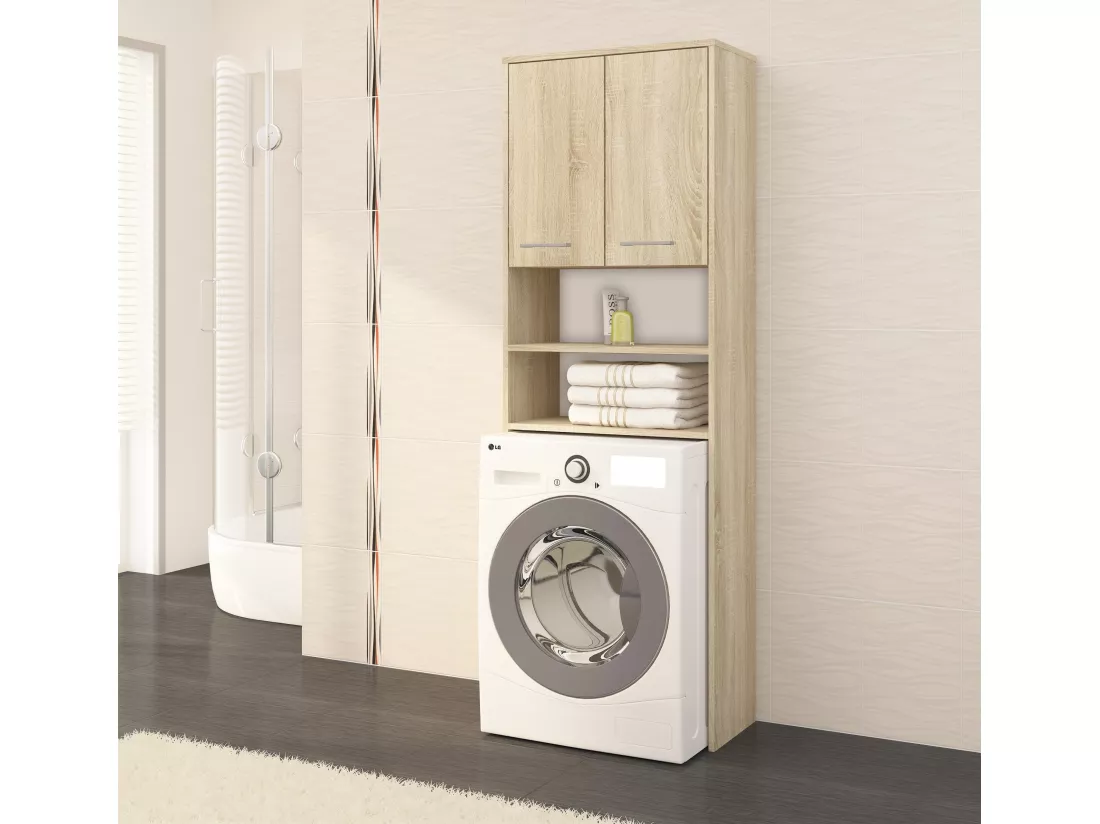 meuble machine a laver 2 portes façade bois chêne sonoma 4 étagères 64x30x180 cm