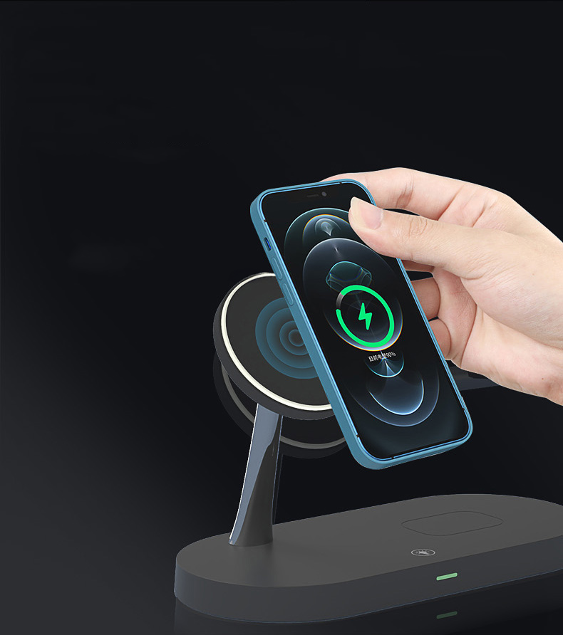 (15W) 5in1 Magnetischer Qi Wireless Charger für Apple Watch / Smartphone / AirPods Dockingstation mit LED Nachtlicht - Schwarz