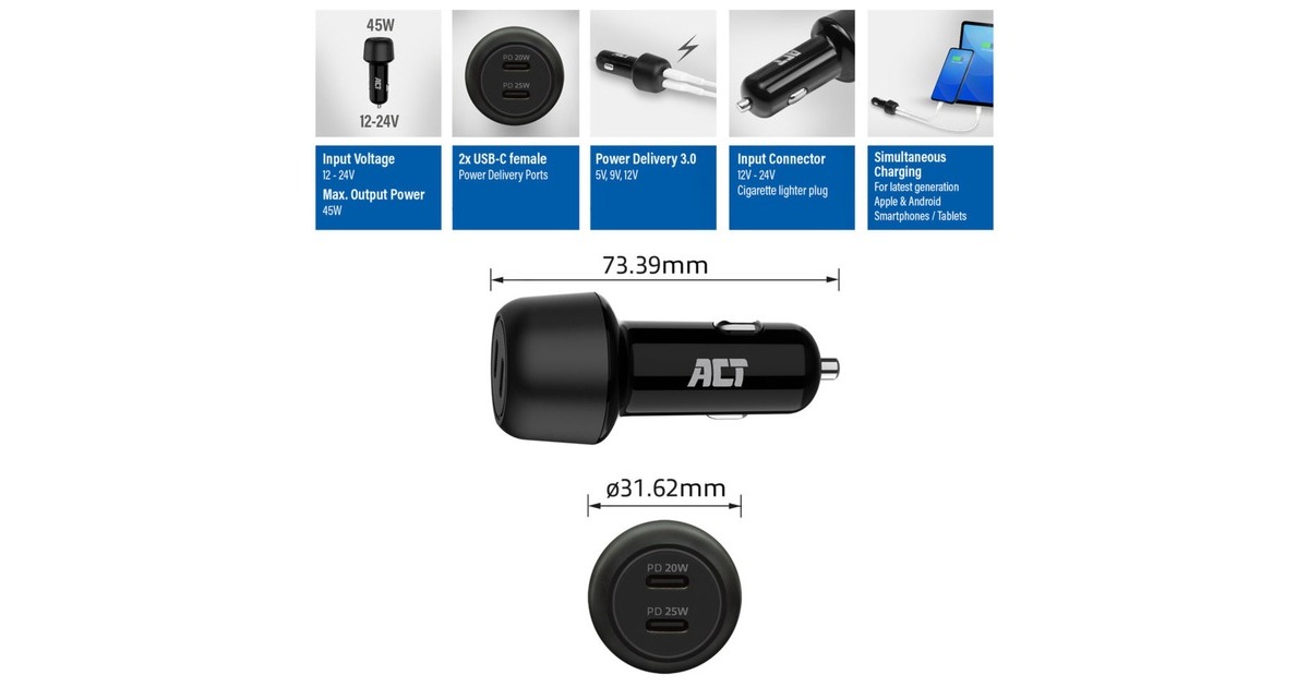ACT Connectivity2-poorts USB-C Fast Charge Autolader 45W met Power Delivery  (Zwart)