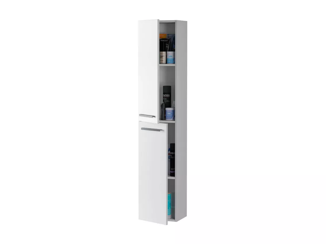 Colonne de salle de bain Dabado, Armoire colonne de salle de bain avec 2 portes, Armoire murale suspendue avec 2 étagères, 30x25h150 cm, Blanc brillant