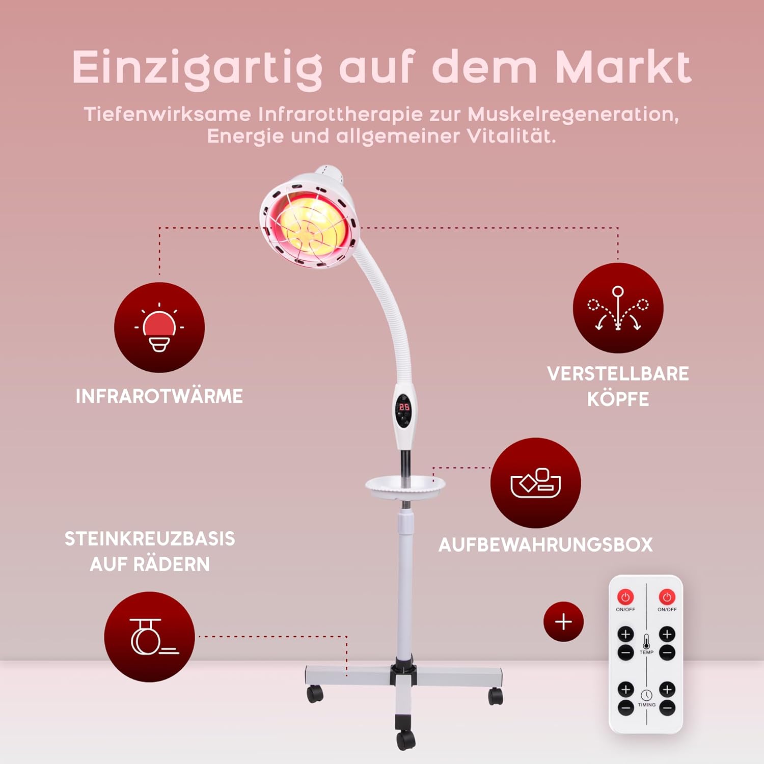 Infrarotlampe 300W – höhenverstellbar – mit Timer – Rotlichtlampe für Zuhause – Wellness & Hautpflege – Collagen Licht – Wärmelampe