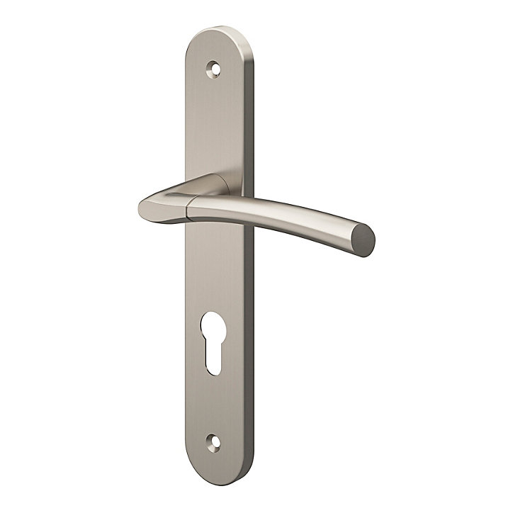 Ensemble poignée sur plaque rond cylindre GoodHome Hirel effet nickel satin gris chromé L.128mm x l.40mm entraxe 195mm