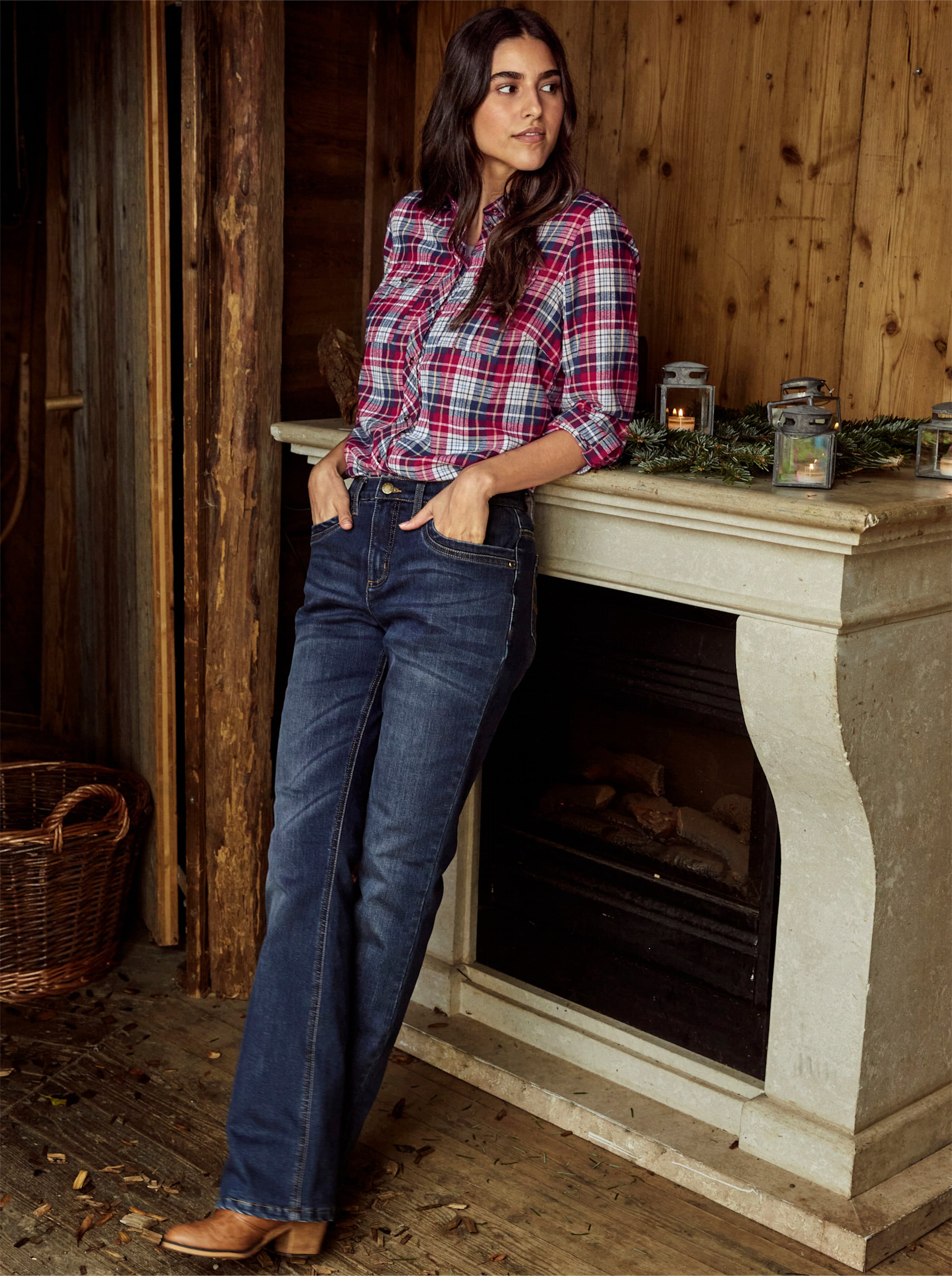 Flanell-Bluse in rot-ecru-kariert
