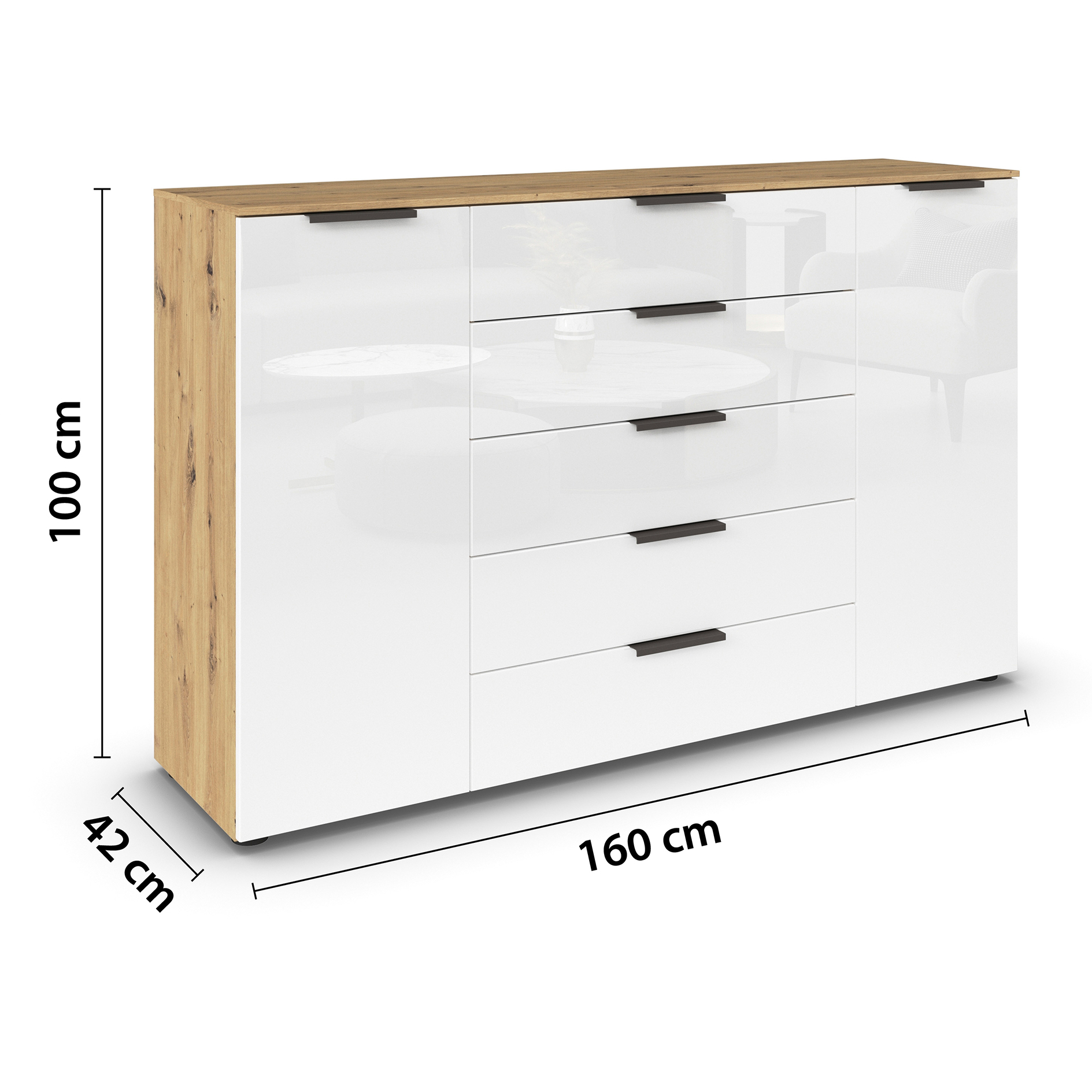Kommode - Artisan Eiche-Kristallweißglas - Graphitgriffe - 160 cm