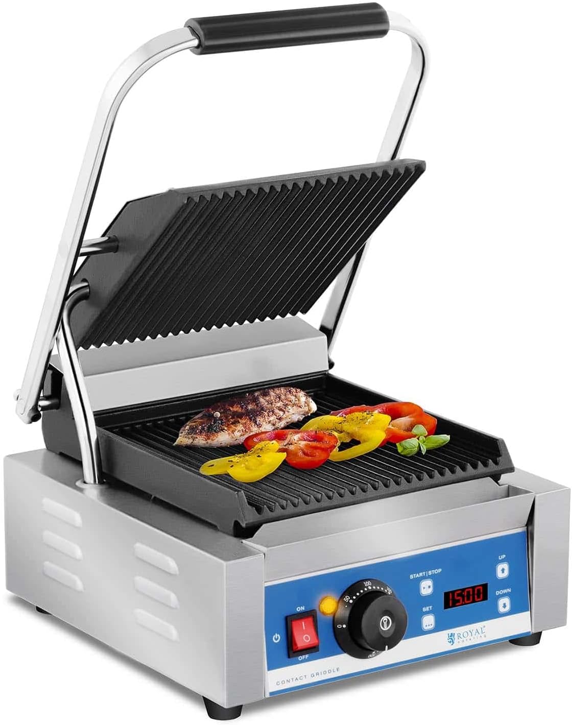 Royal Catering Kontaktgrill Elektrogrill Pannini Grill (1800 W, 55–300 °C, geriffelt, Timer 15 min, Abtropfschale, 36,2 x 31,3 x 20,1 cm, Gusseisen emailiert)