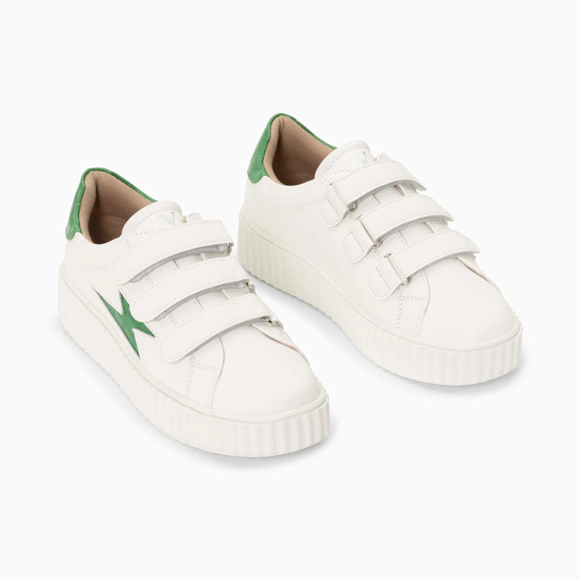 Sneakers-Baskets éclair Elsa blanc et vert menthe croco à scratchs