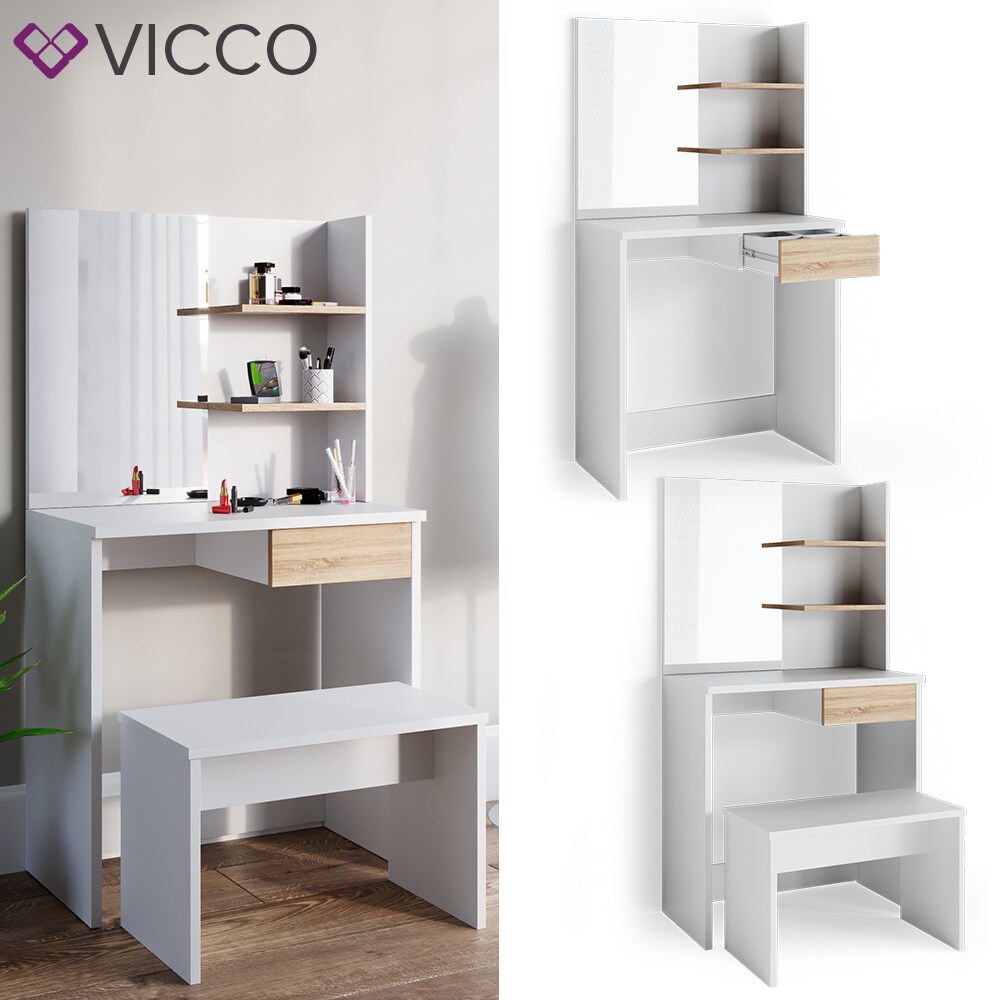 VICCO Schminktisch DEKOS Frisiertisch Kommode Kosmetiktisch Weiß Eiche Bank