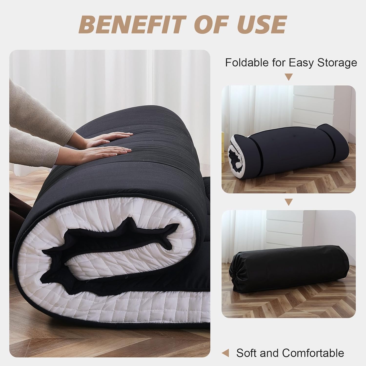 Futonmatratze 200 x 137 cm – Extra Dicke, Faltbare japanische Bodenmatratze – Memory-Schaum-Isomatte für Erwachsene – Tatami-Matte, geeignet für Camping und Gäste – Schwarz (10 cm)