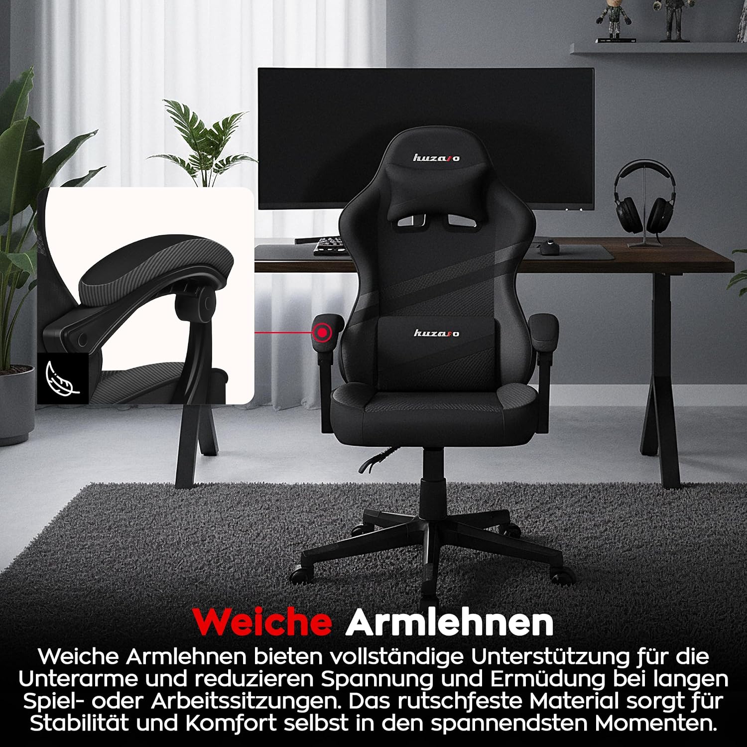 huzaro Force 4.4 Carbon | Gaming Stuhl PC Bürostuhl Schreibtischstuhl Ergonomischer Gamer | bis 130 kg belastbar | Kopfstütze Lendenkissen | Stoff Kunstleder | Schwarz Höhenverstellbar Wippfunktion