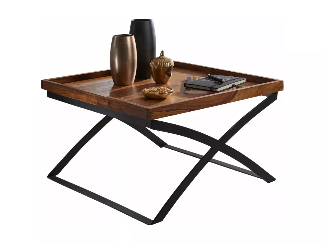Table Basse Wl5.595 63X39X63Cm Table Basse En Bois Massif Solide / Métal En Bois De Sheesham |