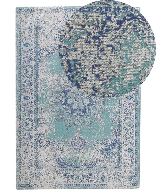 Gulvteppe Blå Bomull 140 x 200 cm Orientalsk mønster Tradisjonelt Vintage Stue Soverom