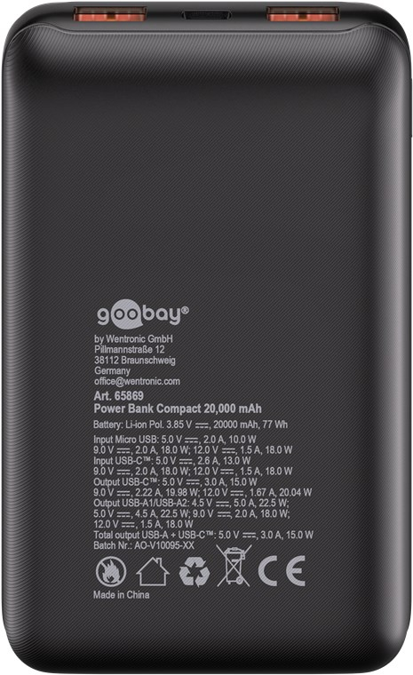 (22.5W) 20000mAh Dual USB A / USB C Powerbank Power Delivery Ladegerät (65869) - Schwarz