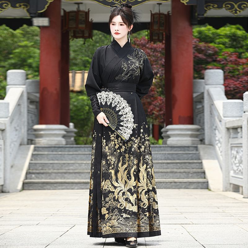 Tangier - Hanfu-top met lange mouwen en vossenborduursel / Maxi-rok met vossenprint en hoge taille / Effen mouwen / Set