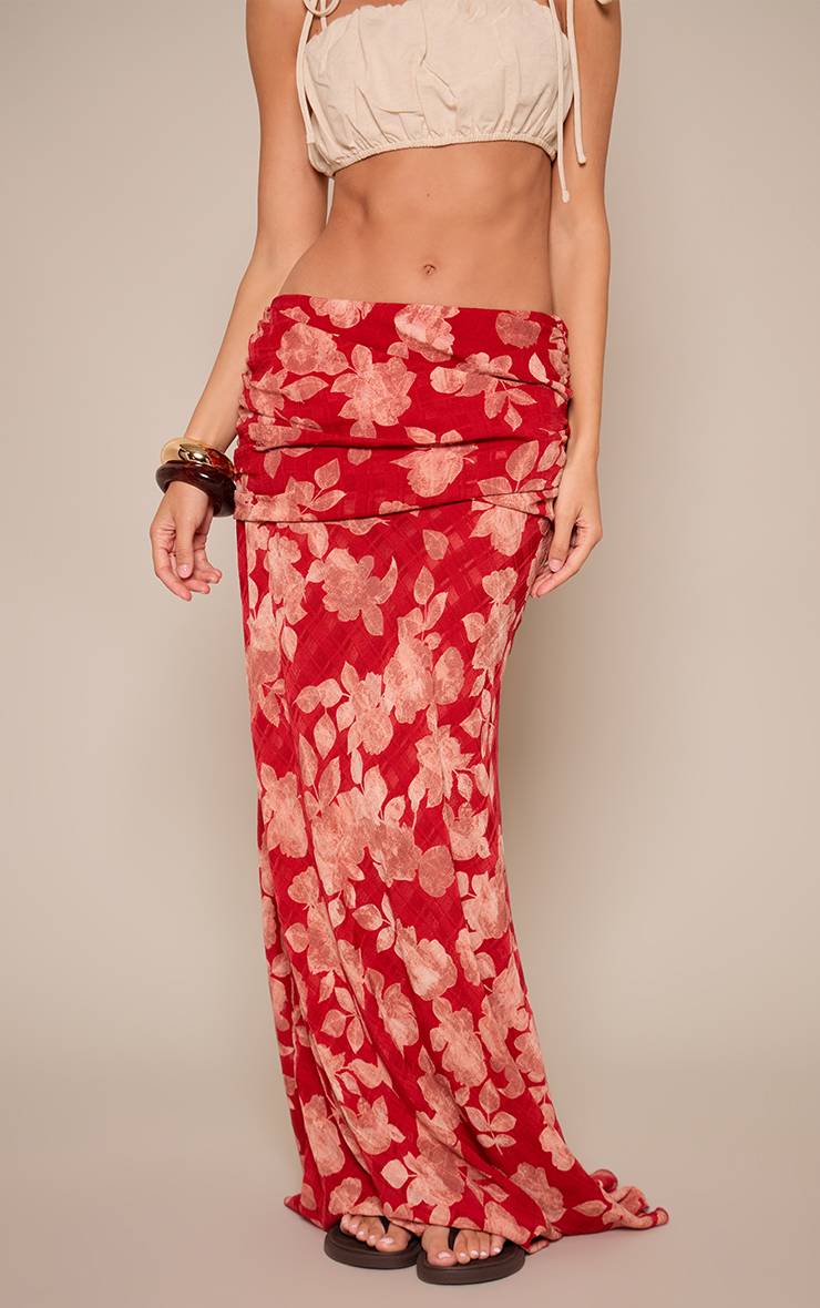 Rouge Jupe Longue Drapée En Mousseline À Motif Floral