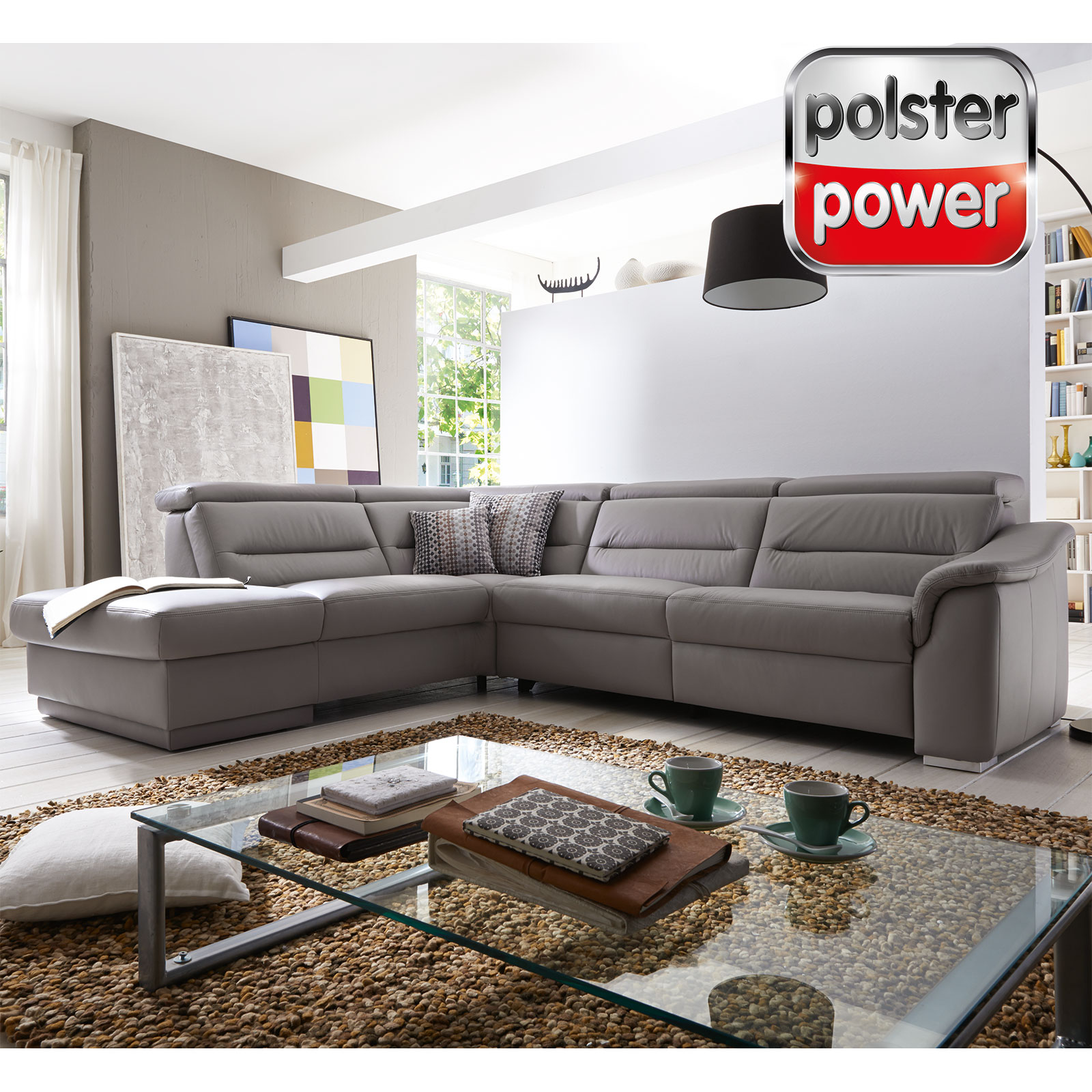 polsterpower Ledersofa - grau - Basismodell - 1,5-Sitzer links
