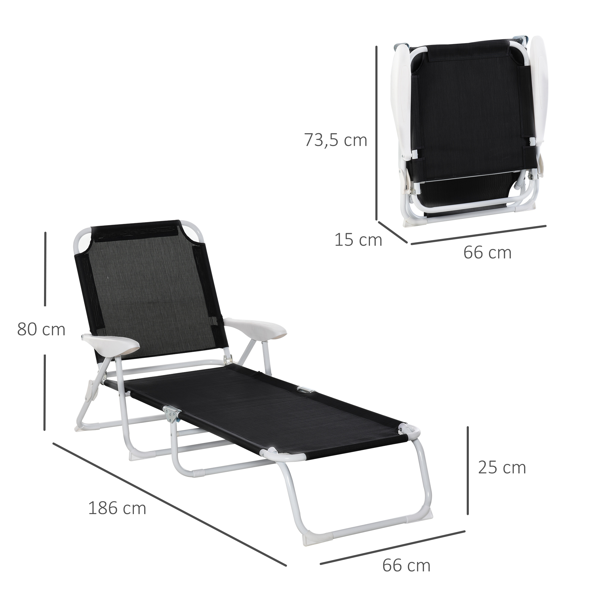 Espreguiçadeira de jardim reclinável e dobrável Outsunny com encosto ajustável em 4 posições, estrutura de metal, tecido textilene respirável, 186x66x80 cm, preta.