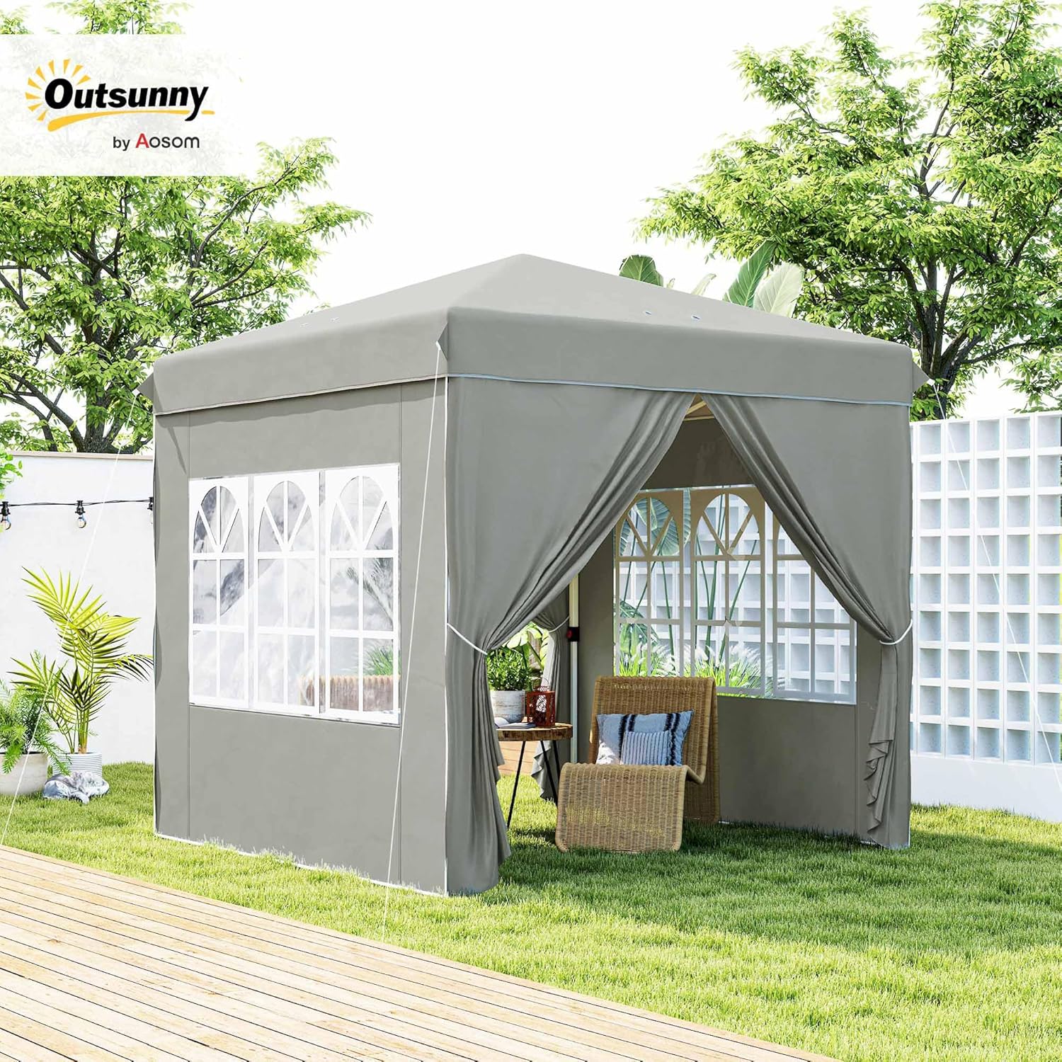 Outsunny Pavillon 2,5x2,5m, wasserabweisend Stabil Winterfest Pop-up Faltpavillon, UV Schutz 50+, Faltbar Partyzelt Gartenzelt mit 4 Seitenteilen Tasche Gartenpavillon für Camping Garten, Hellgrau