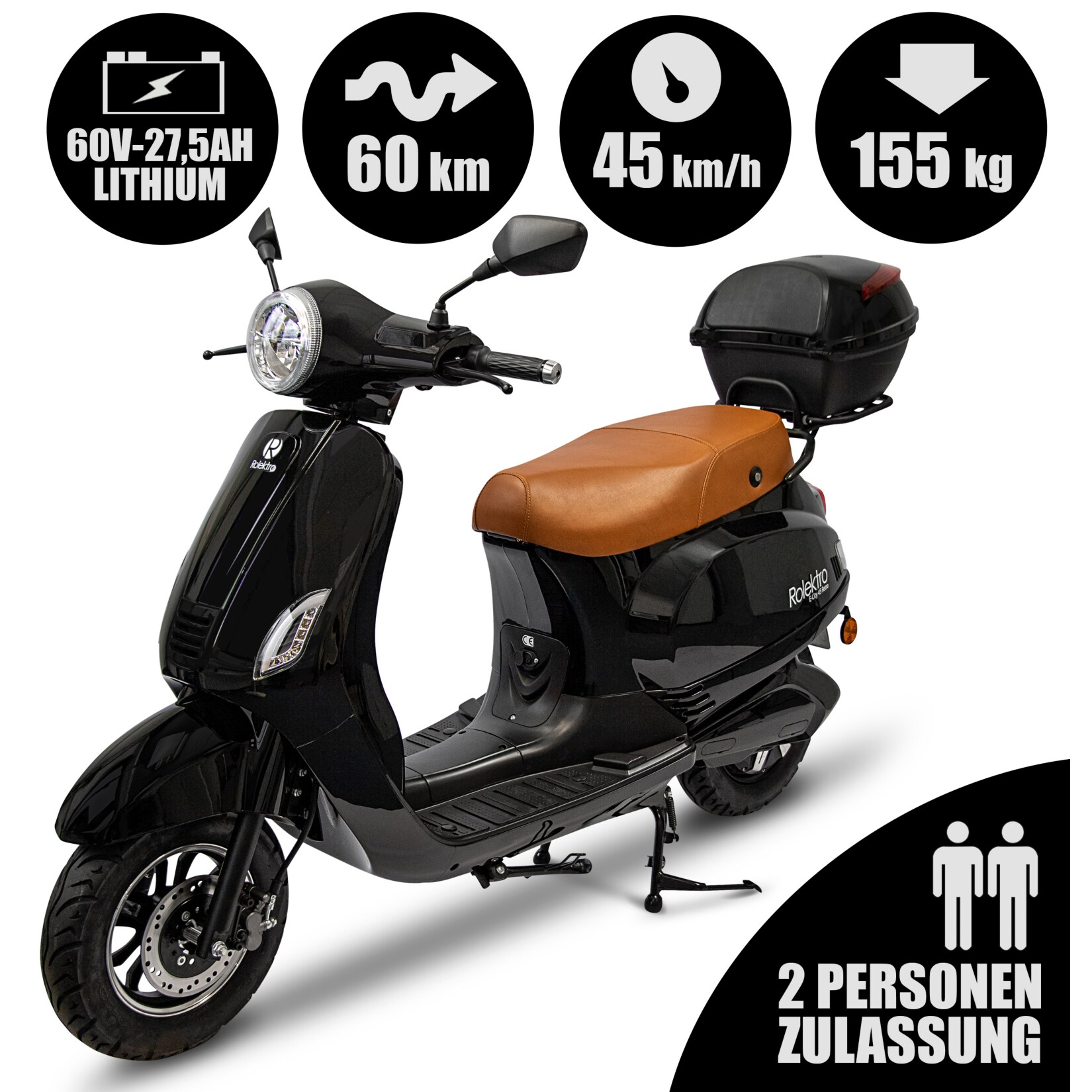 Rolektro, Retro 45 E-Roller, Lithium, V.2021, Schwarz, 60V-27,5Ah Akku, 2000 Watt